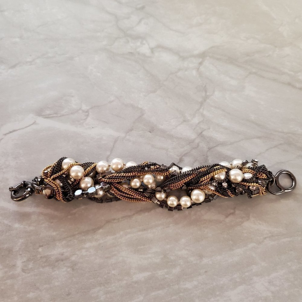 ✨ Vintage J.Crew Pearl Chain Twisted Rhinestones Crystals Statement Bracelet ✨ - Picture 6 of 12